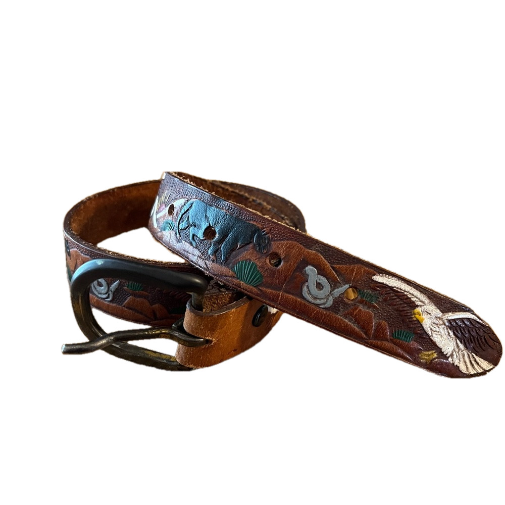 Vintage Tobacco Brown Eagle, Nature Tooled Leather Belt Native Western SZ 26